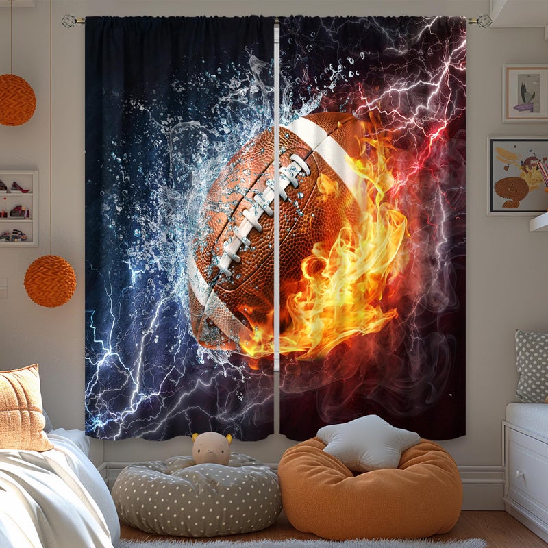 Cinbloo Sports Curtains for Boys Bedroom 42Wx63L Inch Rod Pocket Men American Football Wall Decor Flame 3D Football for Teens Kids Cool Modern Living Room Gym Window Drape Fabric 2 Panel - Image 3